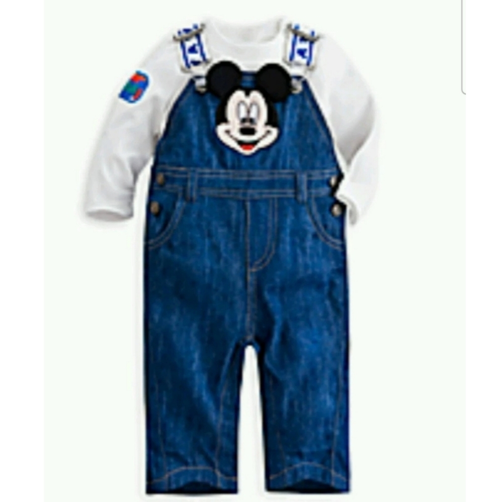 Disney Mickey Mouse Blue Denim Overalls + Shirt Baby Kids New 18-24M